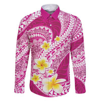 Plumeria Polynesian Pink Glitter Pattern Family Matching Off Shoulder Short Dress and Hawaiian Shirt LT01 Dad's Shirt - Long Sleeve Pink - Polynesian Pride