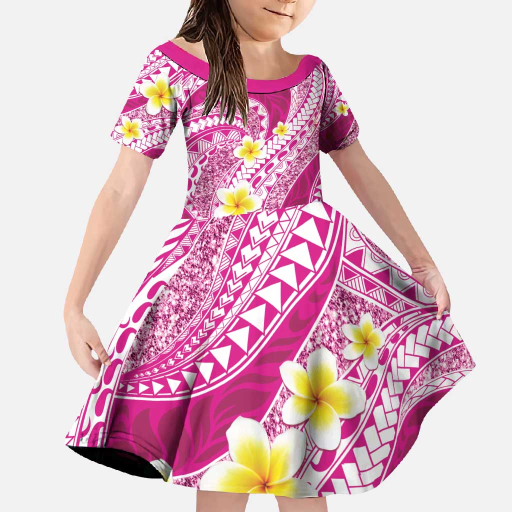 Plumeria Polynesian Pink Glitter Pattern Family Matching Short Sleeve Bodycon Dress and Hawaiian Shirt LT01 Daughter's Dress Pink - Polynesian Pride