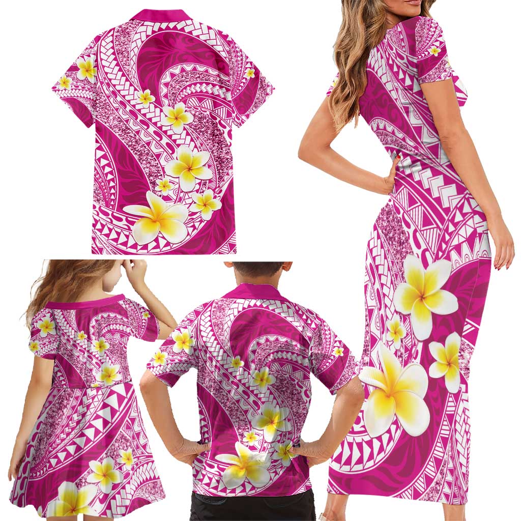 Plumeria Polynesian Pink Glitter Pattern Family Matching Short Sleeve Bodycon Dress and Hawaiian Shirt LT01 - Polynesian Pride