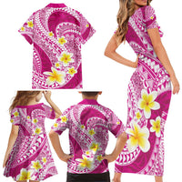 Plumeria Polynesian Pink Glitter Pattern Family Matching Short Sleeve Bodycon Dress and Hawaiian Shirt LT01 - Polynesian Pride