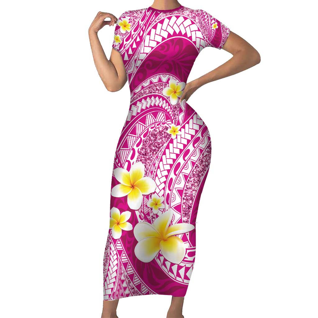Plumeria Polynesian Pink Glitter Pattern Family Matching Short Sleeve Bodycon Dress and Hawaiian Shirt LT01 Mom's Dress Pink - Polynesian Pride
