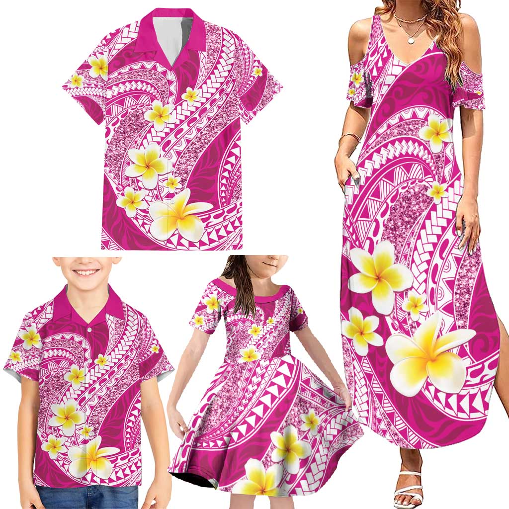 Plumeria Polynesian Pink Glitter Pattern Family Matching Summer Maxi Dress and Hawaiian Shirt LT01 - Polynesian Pride