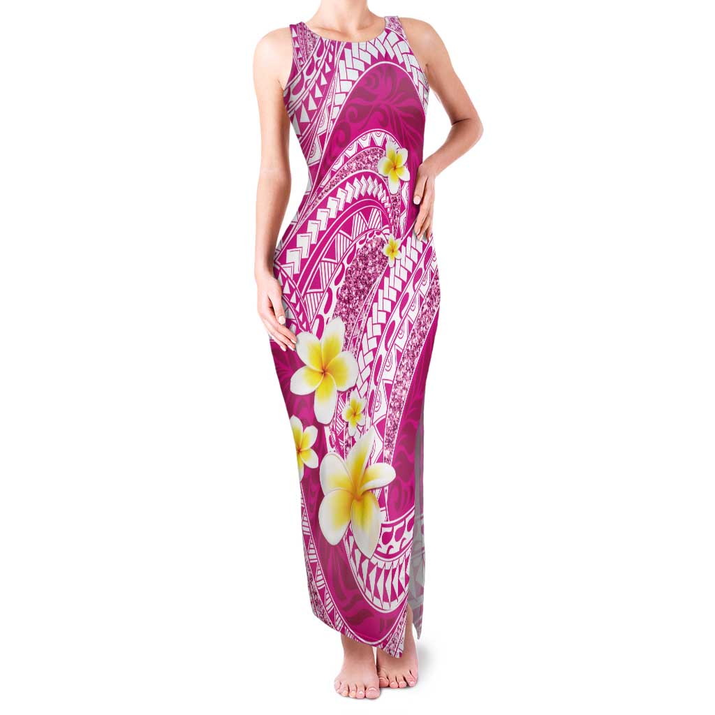Plumeria Polynesian Pink Glitter Pattern Family Matching Tank Maxi Dress and Hawaiian Shirt LT01 Mom's Dress Pink - Polynesian Pride