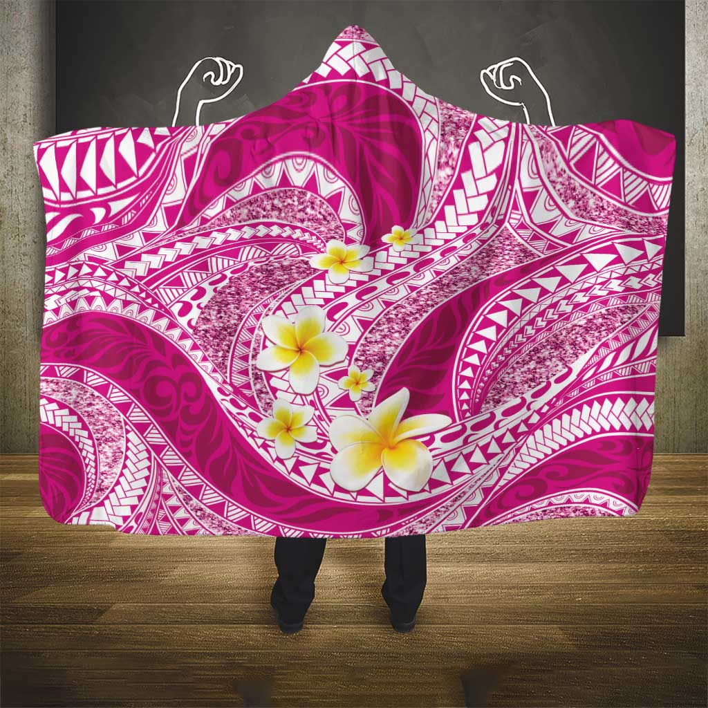 Plumeria Polynesian Pink Glitter Pattern Hooded Blanket