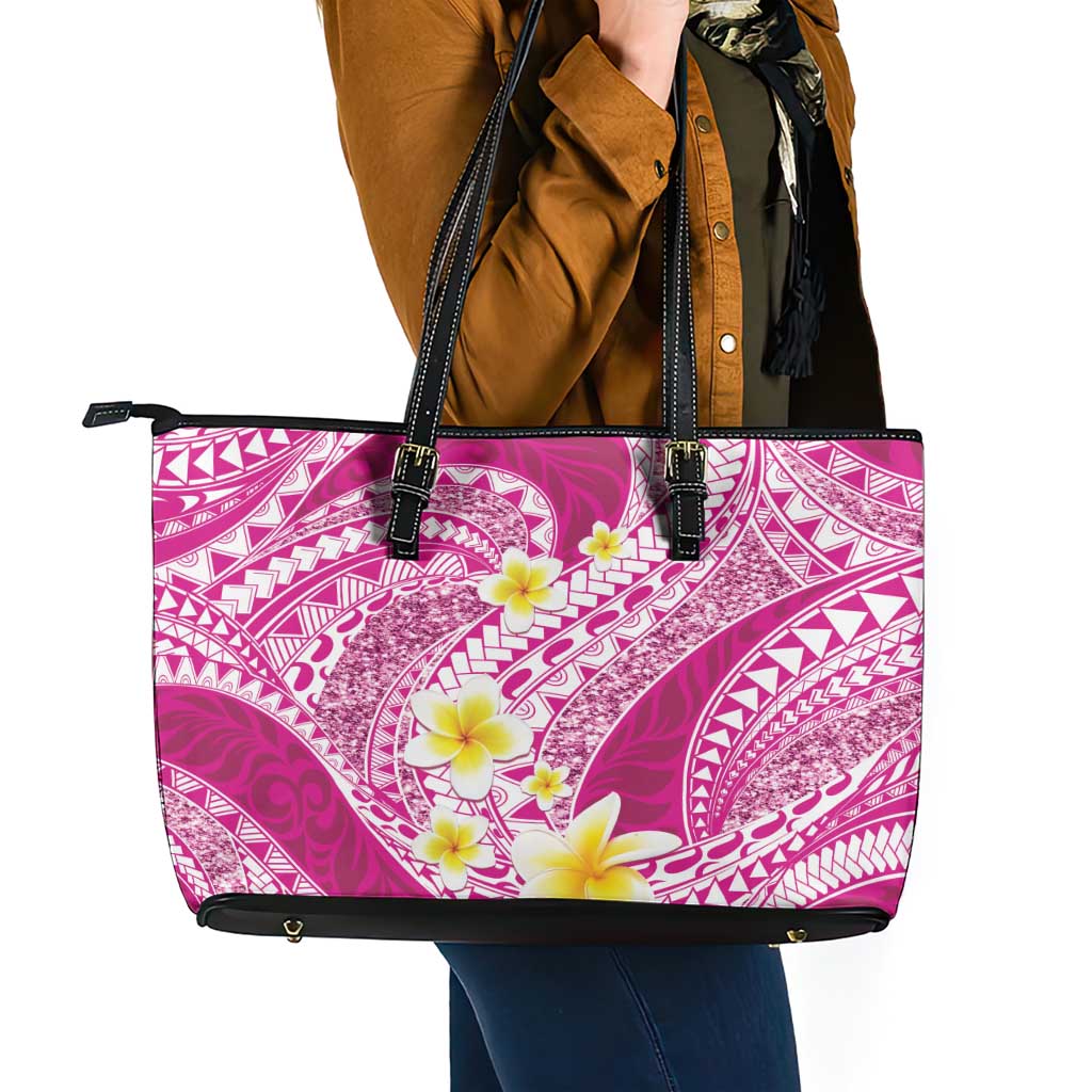 Plumeria Polynesian Pink Glitter Pattern Leather Tote Bag LT01 - Polynesian Pride