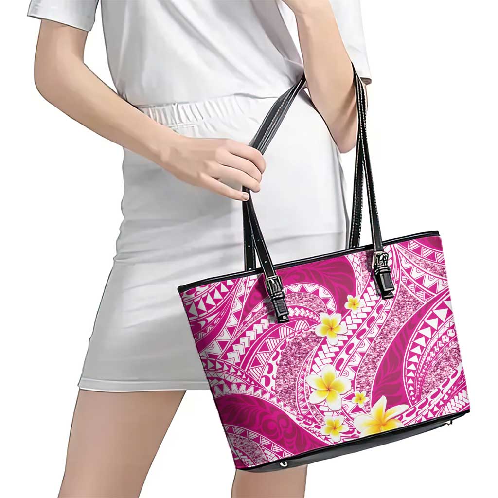 Plumeria Polynesian Pink Glitter Pattern Leather Tote Bag LT01 - Polynesian Pride
