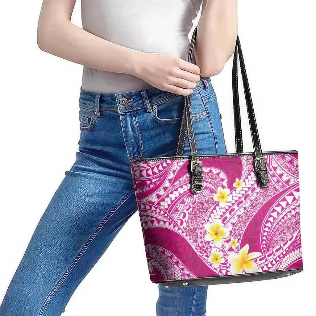 Plumeria Polynesian Pink Glitter Pattern Leather Tote Bag LT01 - Polynesian Pride