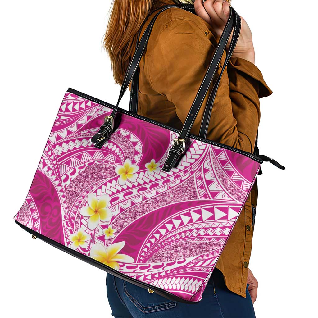 Plumeria Polynesian Pink Glitter Pattern Leather Tote Bag LT01 - Polynesian Pride