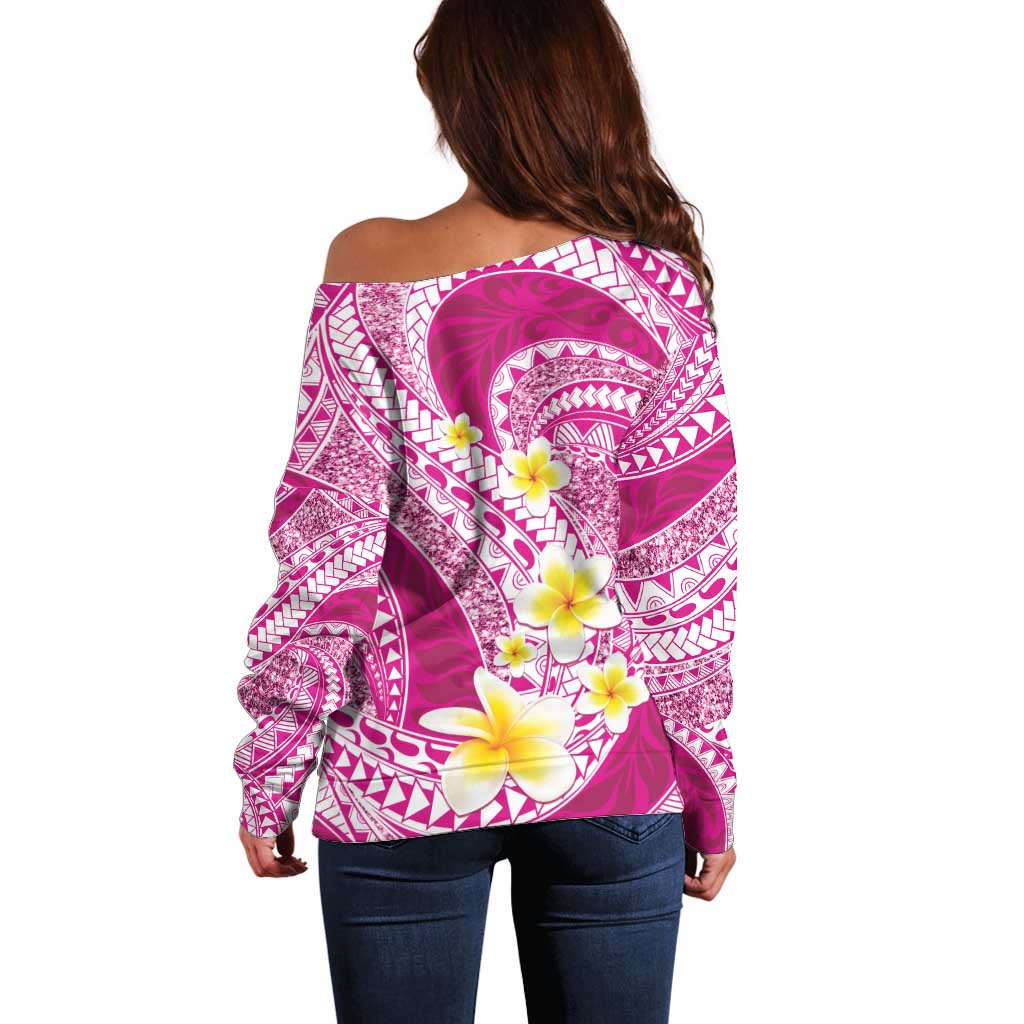 Plumeria Polynesian Pink Glitter Pattern Off Shoulder Sweater