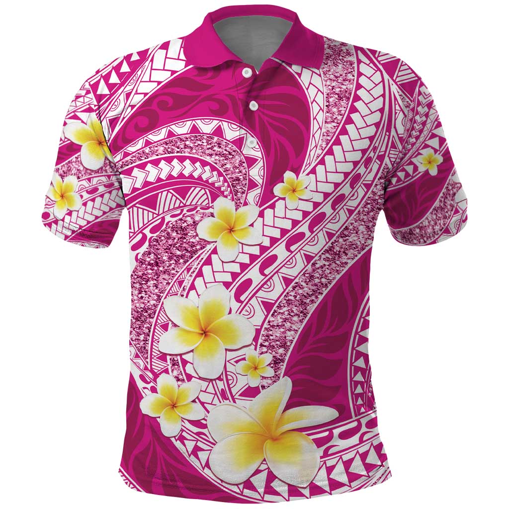 Plumeria Polynesian Pink Glitter Pattern Polo Shirt