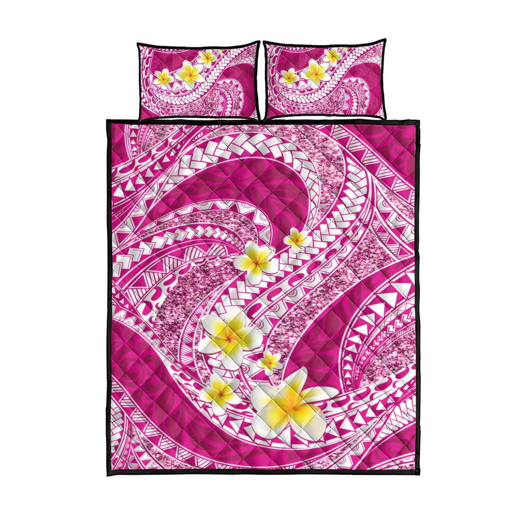 Plumeria Polynesian Pink Glitter Pattern Quilt Bed Set