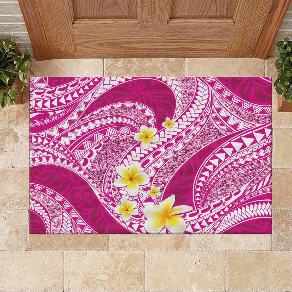 Plumeria Polynesian Pink Glitter Pattern Rubber Doormat