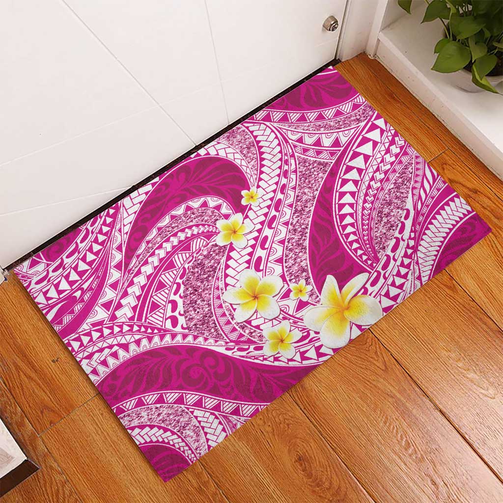 Plumeria Polynesian Pink Glitter Pattern Rubber Doormat