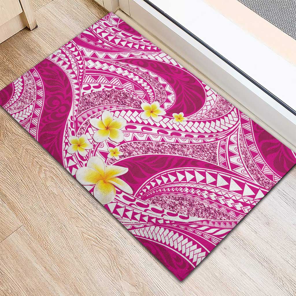 Plumeria Polynesian Pink Glitter Pattern Rubber Doormat
