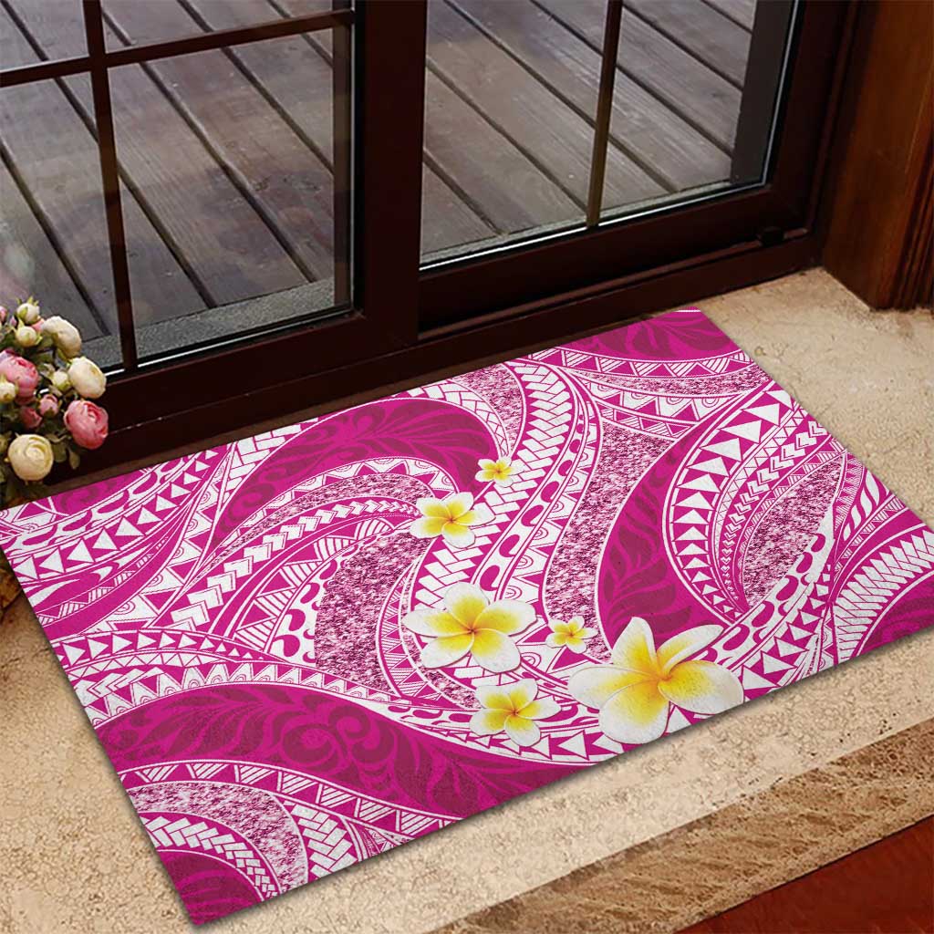 Plumeria Polynesian Pink Glitter Pattern Rubber Doormat