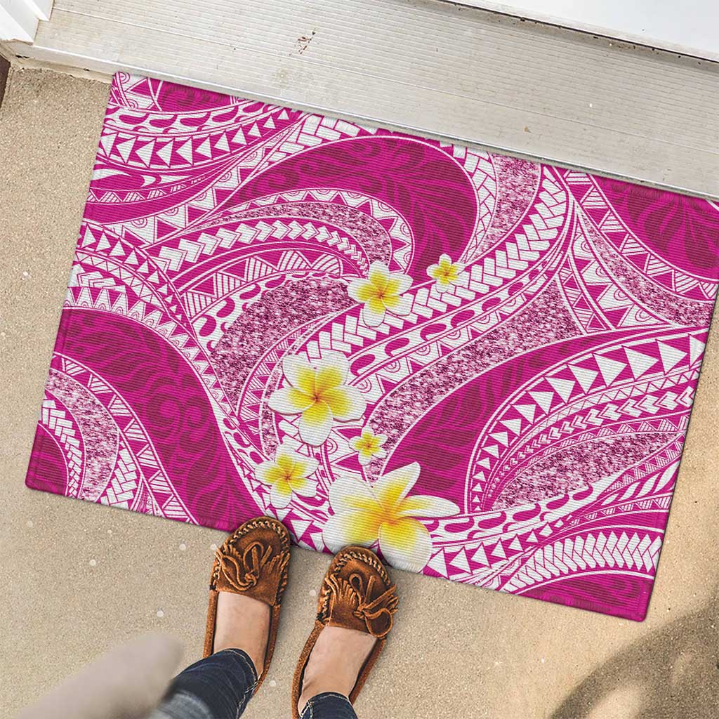 Plumeria Polynesian Pink Glitter Pattern Rubber Doormat