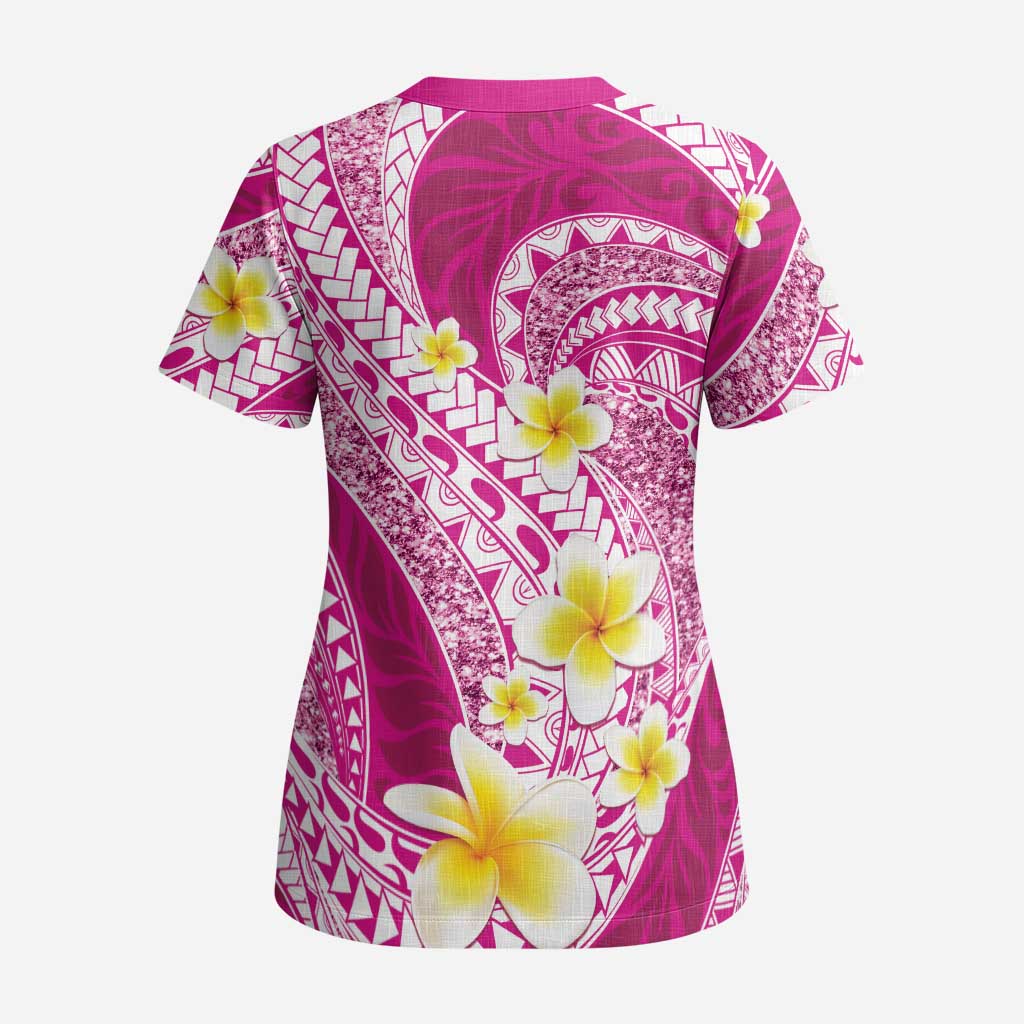 Plumeria Polynesian Pink Glitter Pattern Scrub Top - Polynesian Pride