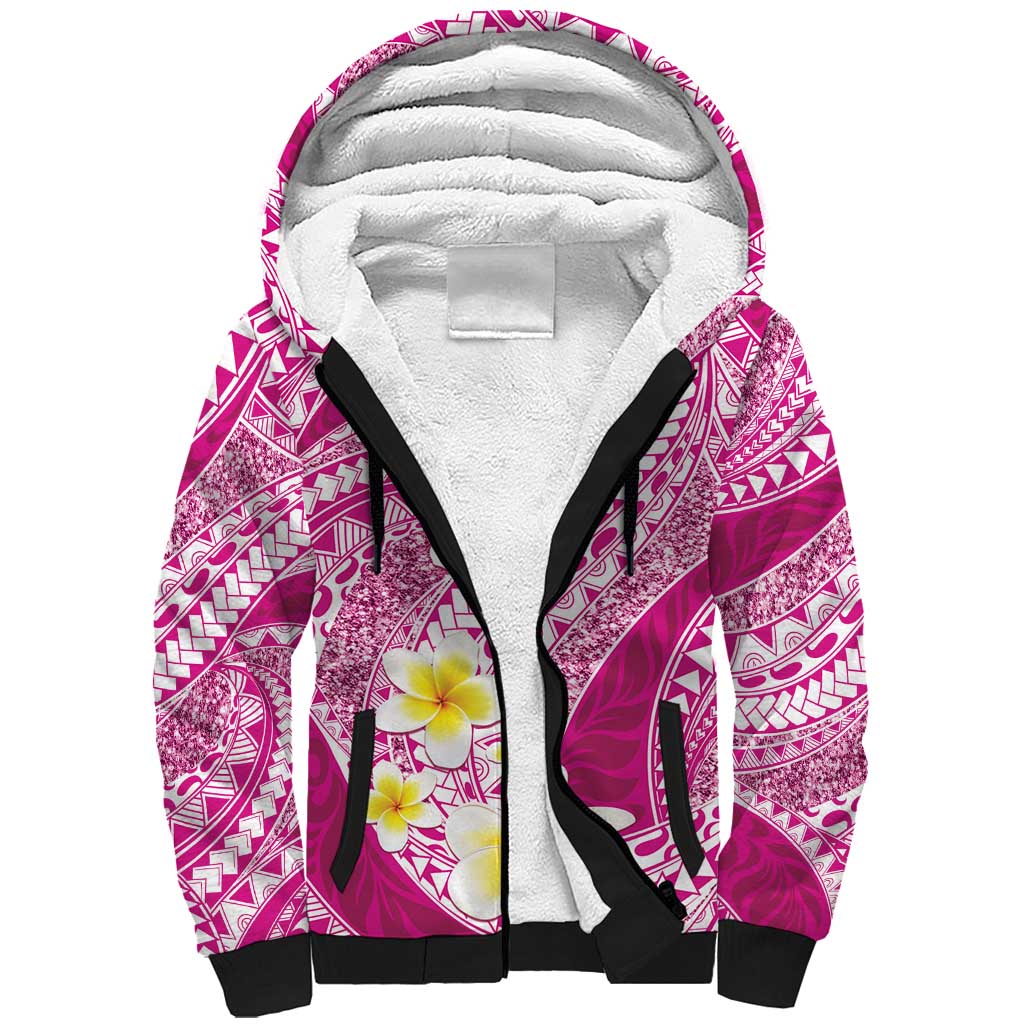 Plumeria Polynesian Pink Glitter Pattern Sherpa Hoodie