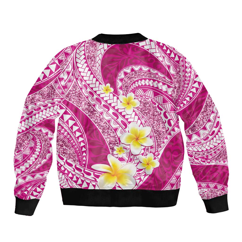 Plumeria Polynesian Pink Glitter Pattern Sleeve Zip Bomber Jacket