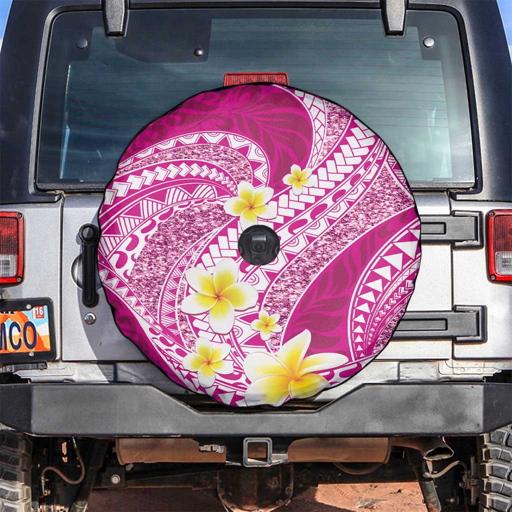Plumeria Polynesian Pink Glitter Pattern Spare Tire Cover