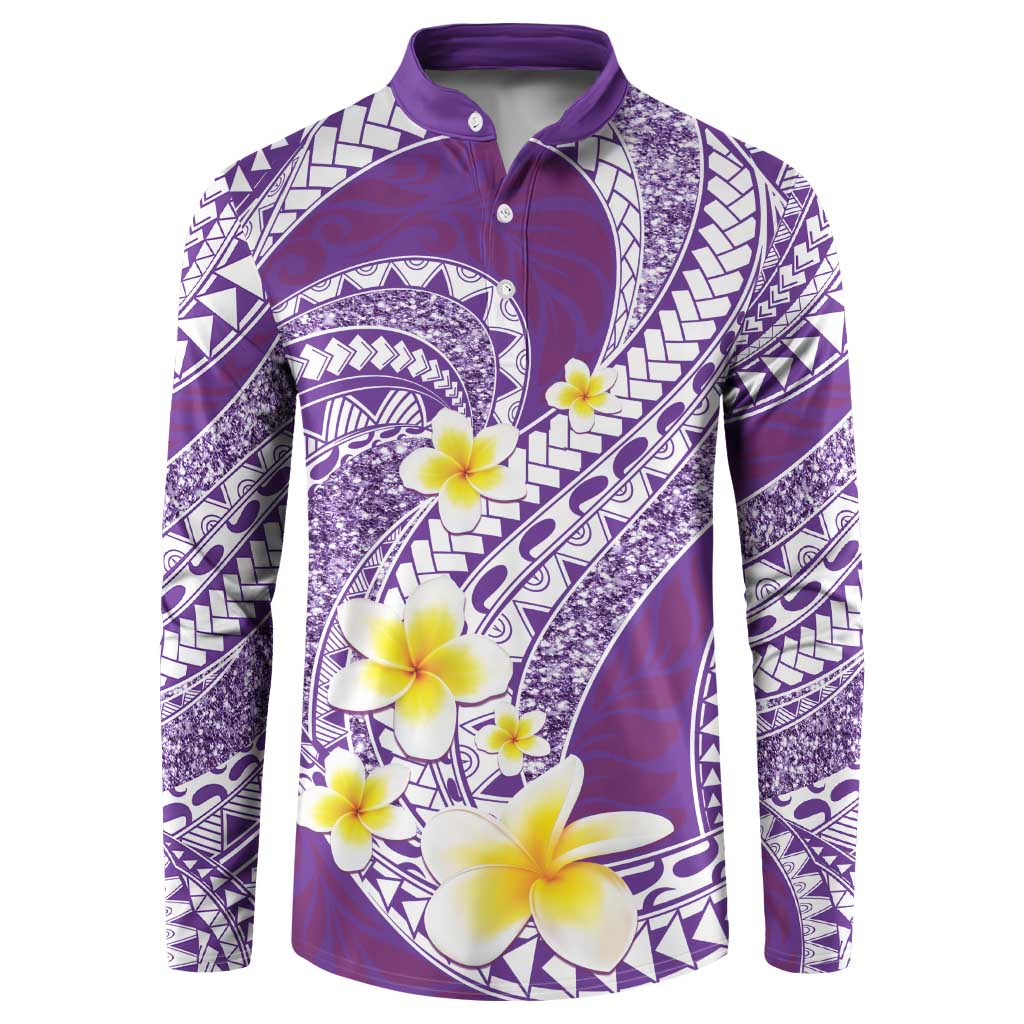 Plumeria Polynesian Purple Glitter Pattern Button Sweatshirt
