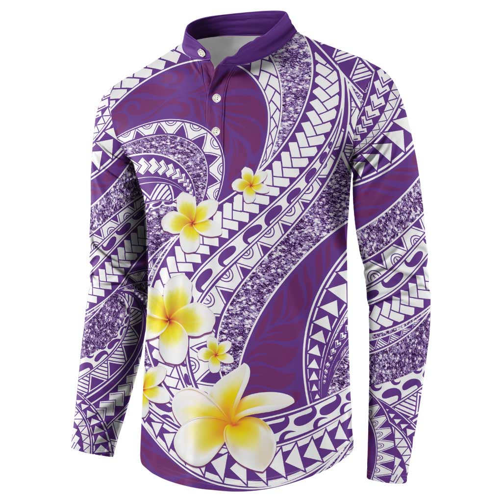 Plumeria Polynesian Purple Glitter Pattern Button Sweatshirt