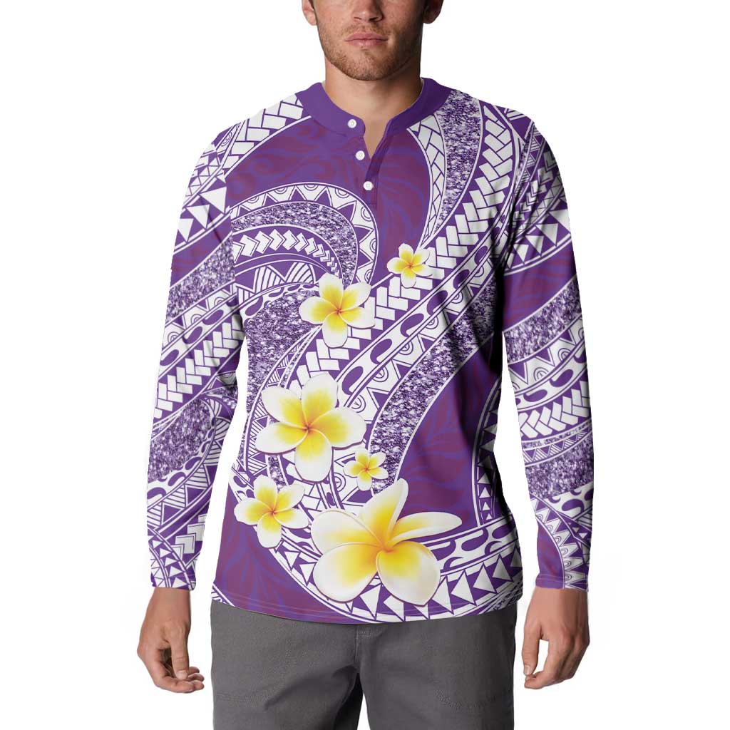 Plumeria Polynesian Purple Glitter Pattern Button Sweatshirt