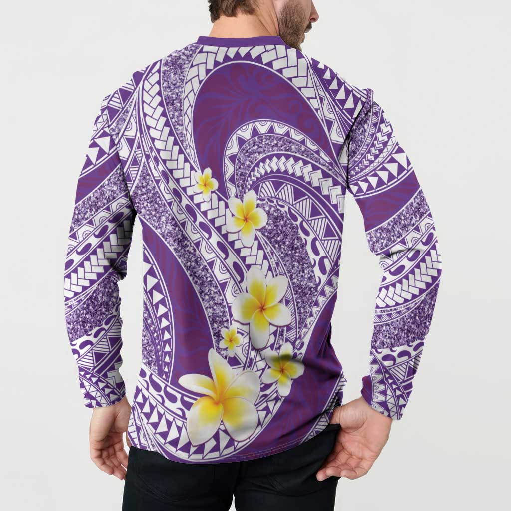 Plumeria Polynesian Purple Glitter Pattern Button Sweatshirt