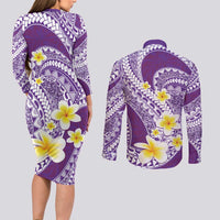 Plumeria Polynesian Purple Glitter Pattern Couples Matching Long Sleeve Bodycon Dress and Long Sleeve Button Shirt