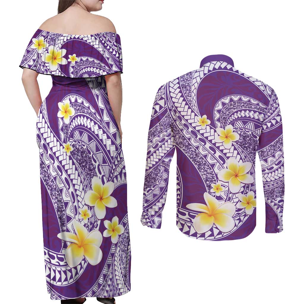 Plumeria Polynesian Purple Glitter Pattern Couples Matching Off Shoulder Maxi Dress and Long Sleeve Button Shirt