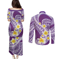 Plumeria Polynesian Purple Glitter Pattern Couples Matching Puletasi and Long Sleeve Button Shirt