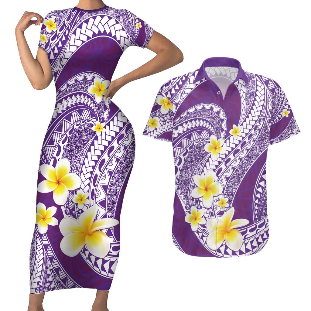 Plumeria Polynesian Purple Glitter Pattern Couples Matching Short Sleeve Bodycon Dress and Hawaiian Shirt LT01 Purple - Polynesian Pride