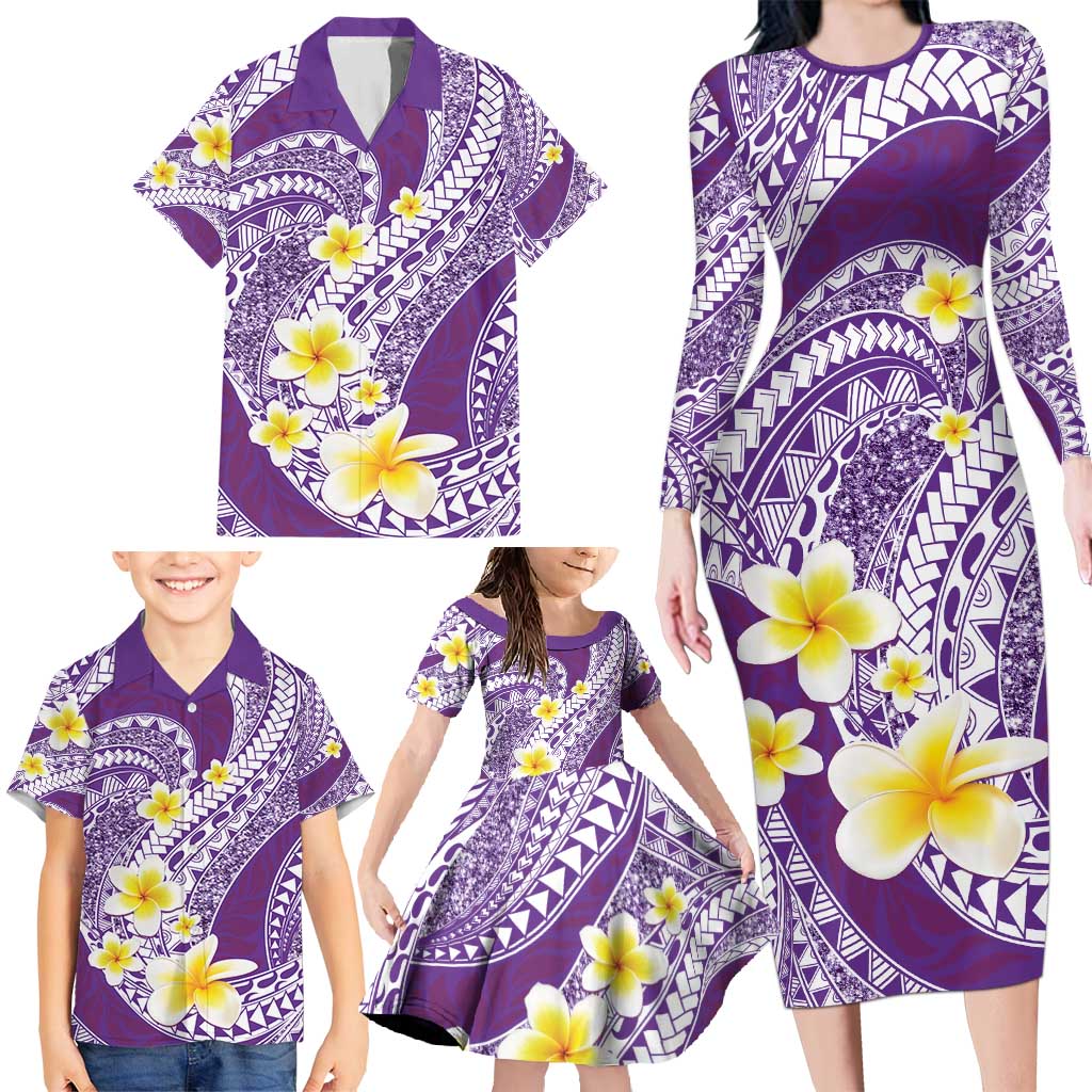 Plumeria Polynesian Purple Glitter Pattern Family Matching Long Sleeve Bodycon Dress and Hawaiian Shirt LT01 - Polynesian Pride