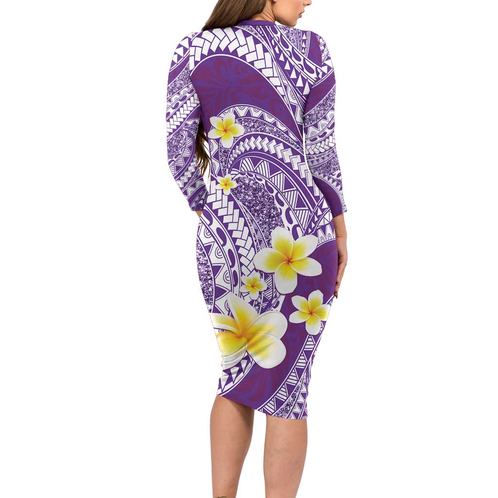 Plumeria Polynesian Purple Glitter Pattern Family Matching Long Sleeve Bodycon Dress and Hawaiian Shirt LT01 - Polynesian Pride