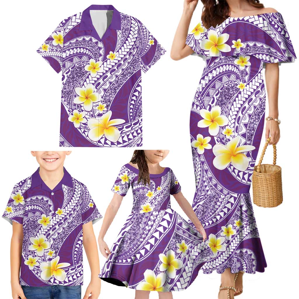 Plumeria Polynesian Purple Glitter Pattern Family Matching Mermaid Dress and Hawaiian Shirt LT01 - Polynesian Pride