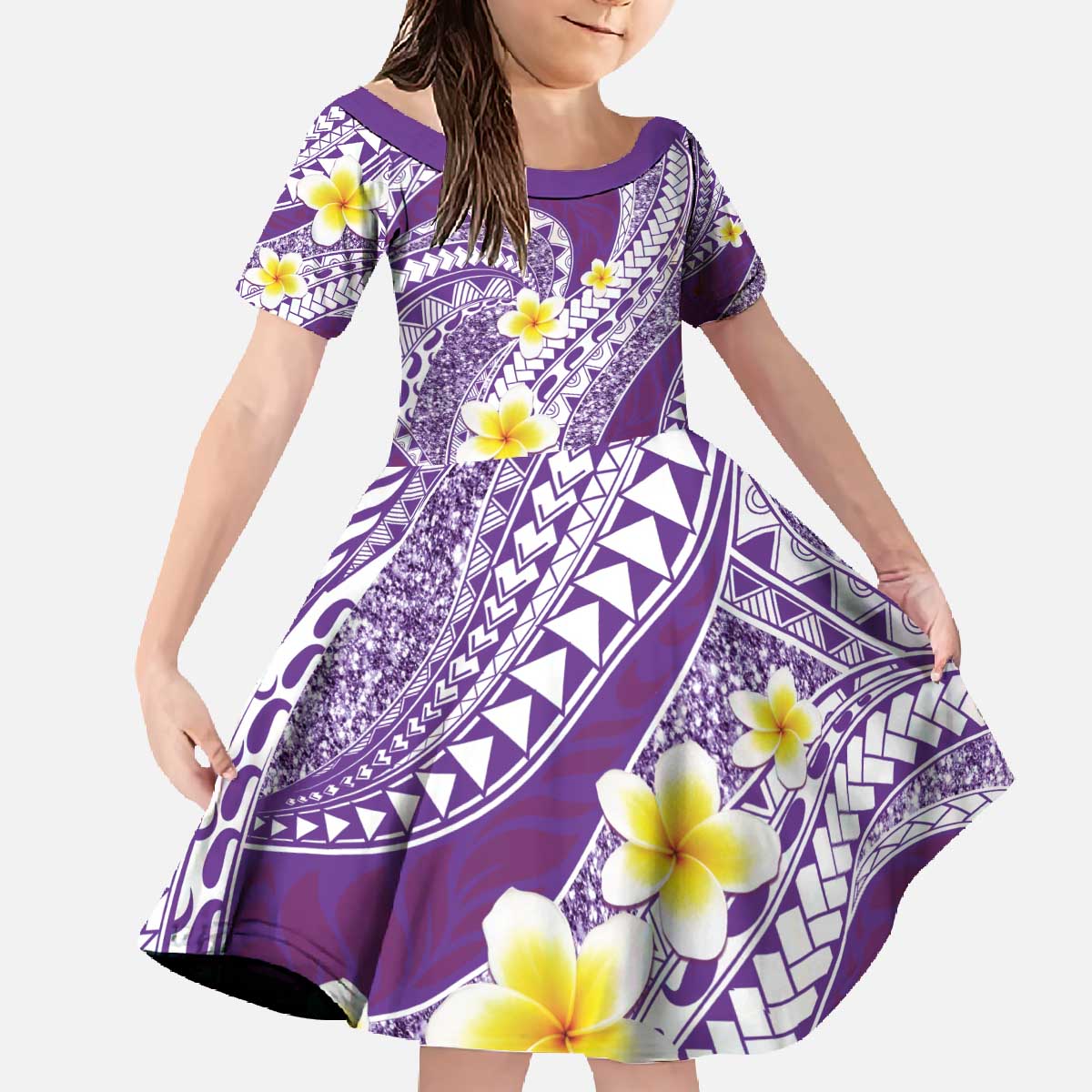 Plumeria Polynesian Purple Glitter Pattern Family Matching Off The Shoulder Long Sleeve Dress and Hawaiian Shirt