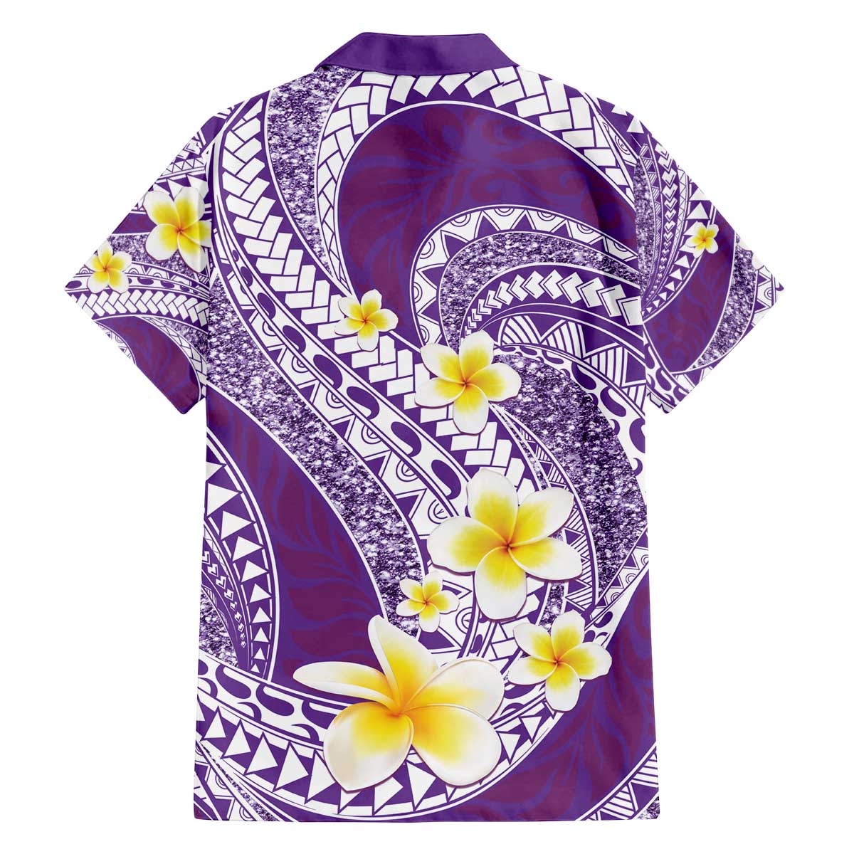 Plumeria Polynesian Purple Glitter Pattern Family Matching Off The Shoulder Long Sleeve Dress and Hawaiian Shirt