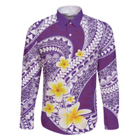 Plumeria Polynesian Purple Glitter Pattern Family Matching Off The Shoulder Long Sleeve Dress and Hawaiian Shirt