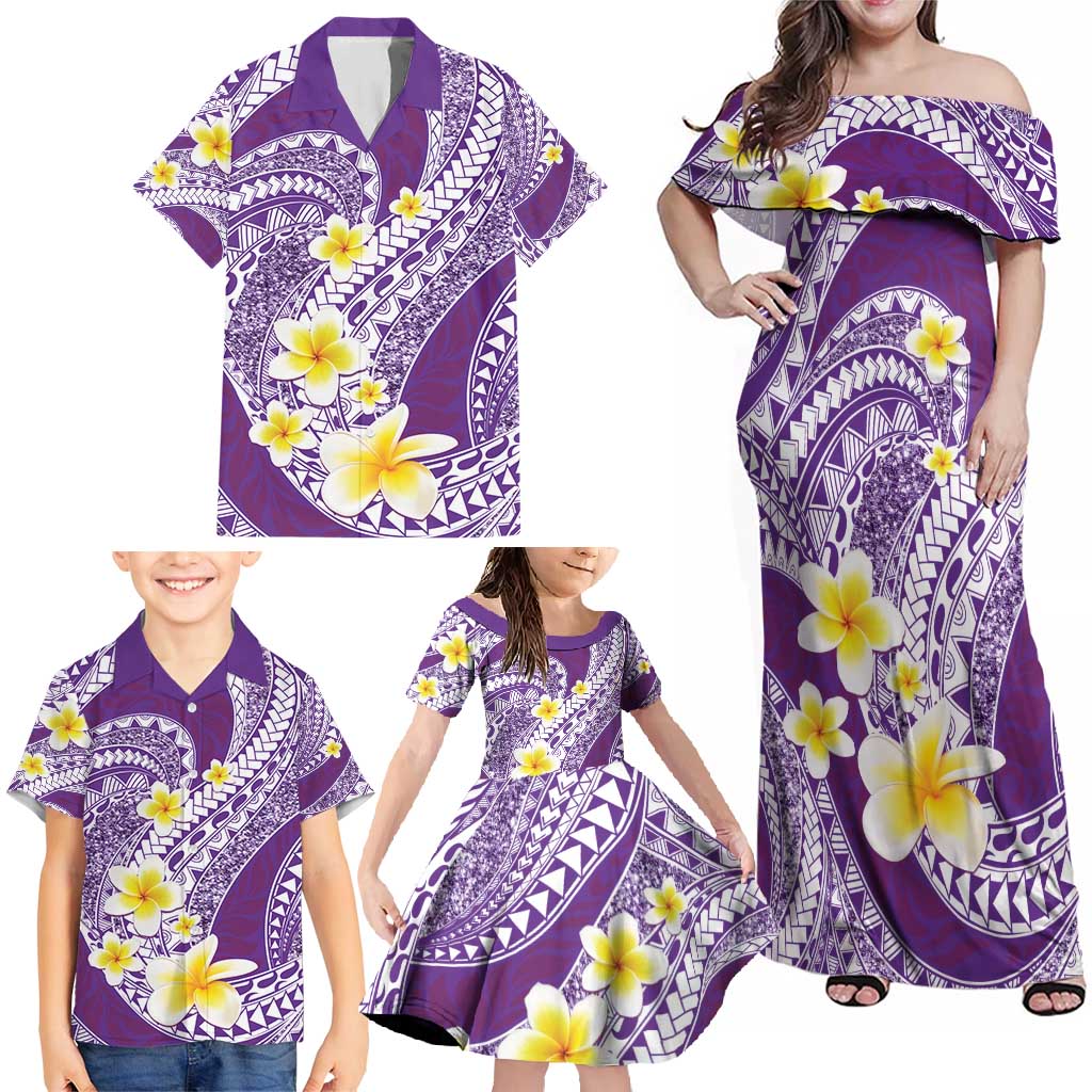 Plumeria Polynesian Purple Glitter Pattern Family Matching Off Shoulder Maxi Dress and Hawaiian Shirt LT01 - Polynesian Pride