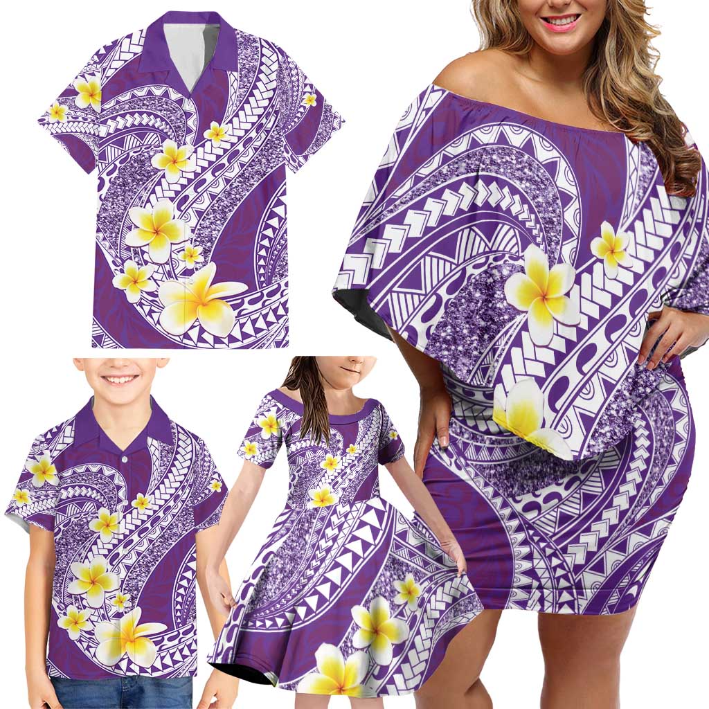 Plumeria Polynesian Purple Glitter Pattern Family Matching Off Shoulder Short Dress and Hawaiian Shirt LT01 - Polynesian Pride
