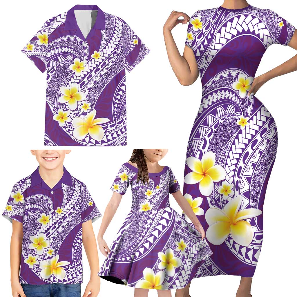 Plumeria Polynesian Purple Glitter Pattern Family Matching Short Sleeve Bodycon Dress and Hawaiian Shirt LT01 - Polynesian Pride