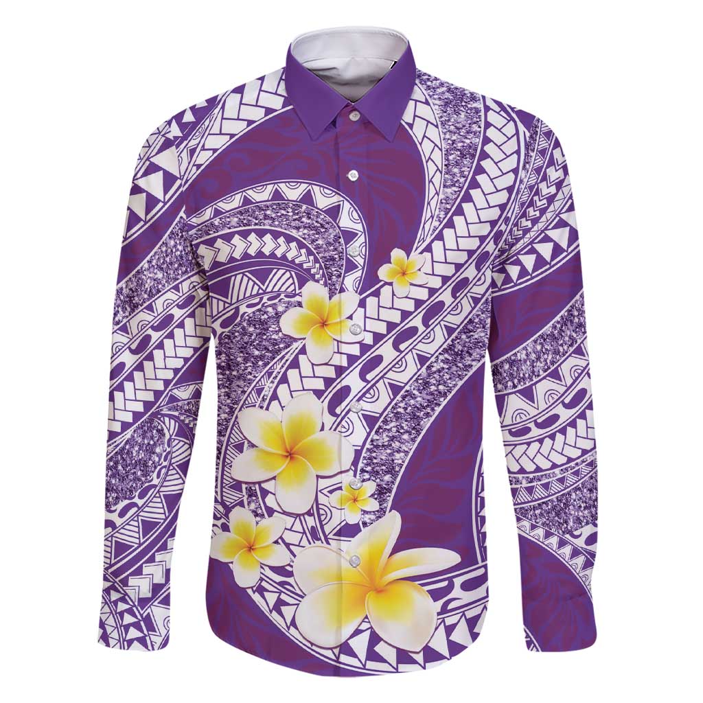 Plumeria Polynesian Purple Glitter Pattern Family Matching Short Sleeve Bodycon Dress and Hawaiian Shirt LT01 Dad's Shirt - Long Sleeve Purple - Polynesian Pride