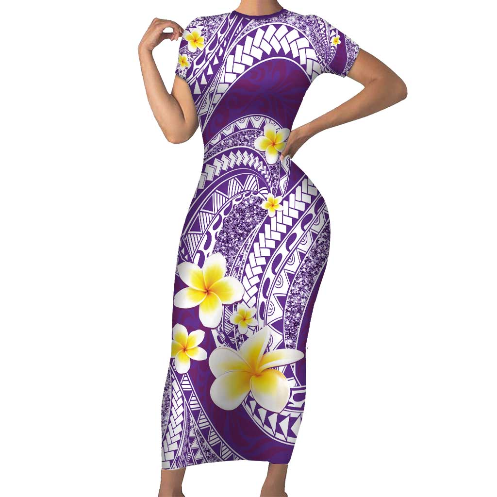 Plumeria Polynesian Purple Glitter Pattern Family Matching Short Sleeve Bodycon Dress and Hawaiian Shirt LT01 Mom's Dress Purple - Polynesian Pride