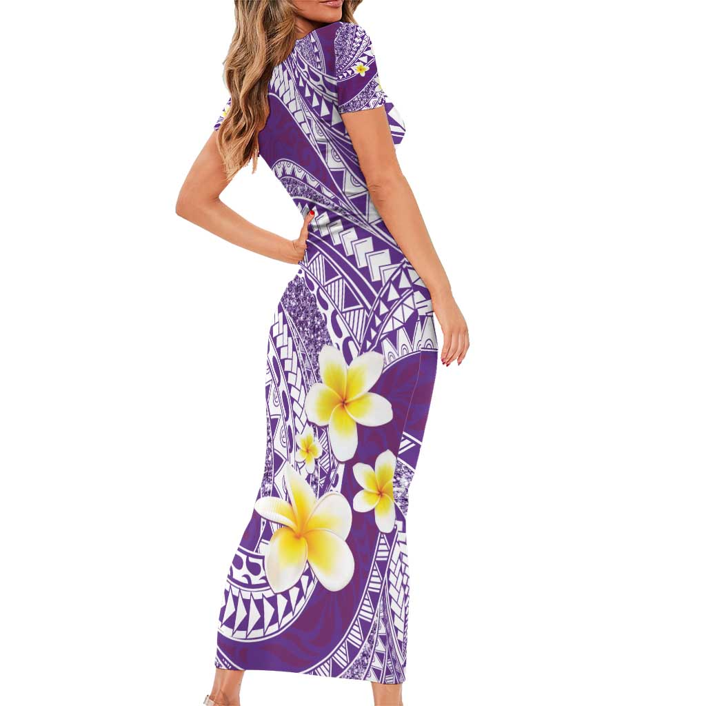 Plumeria Polynesian Purple Glitter Pattern Family Matching Short Sleeve Bodycon Dress and Hawaiian Shirt LT01 - Polynesian Pride