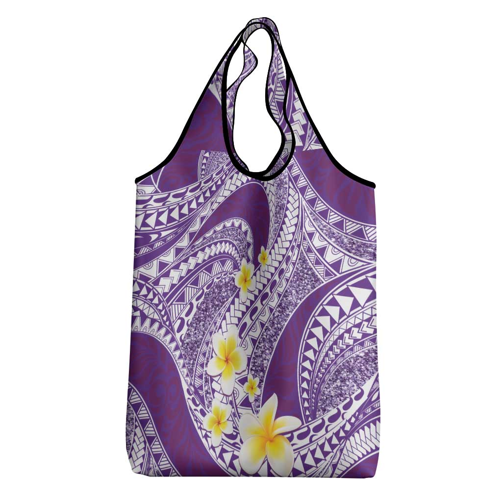 Plumeria Polynesian Purple Glitter Pattern Grocery Bag