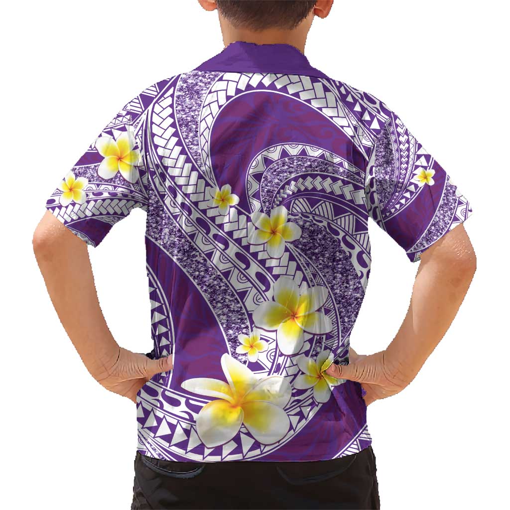 Plumeria Polynesian Purple Glitter Pattern Kid Hawaiian Shirt