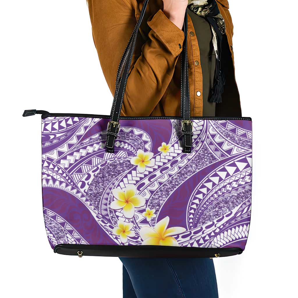 Plumeria Polynesian Purple Glitter Pattern Leather Tote Bag LT01 - Polynesian Pride