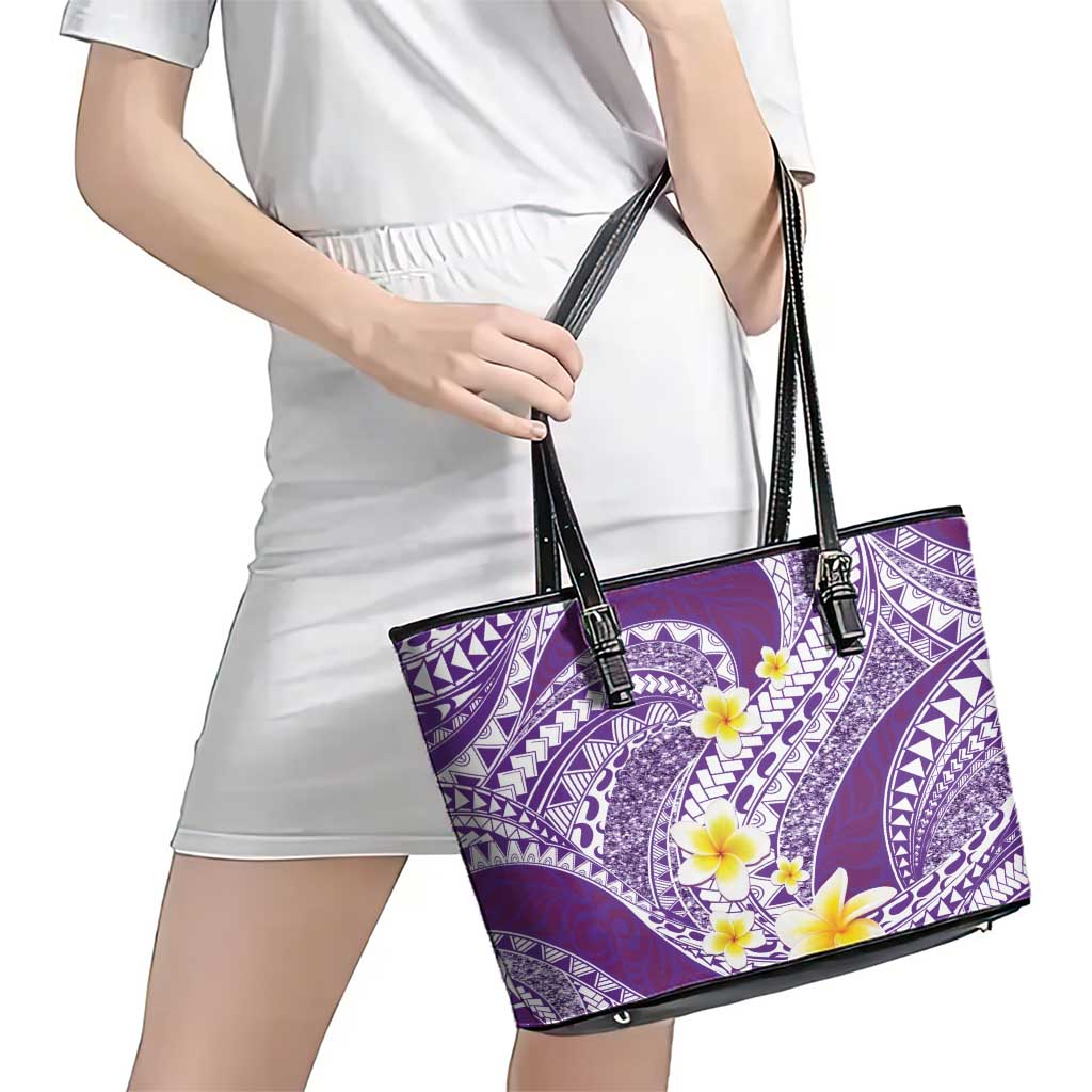 Plumeria Polynesian Purple Glitter Pattern Leather Tote Bag LT01 - Polynesian Pride