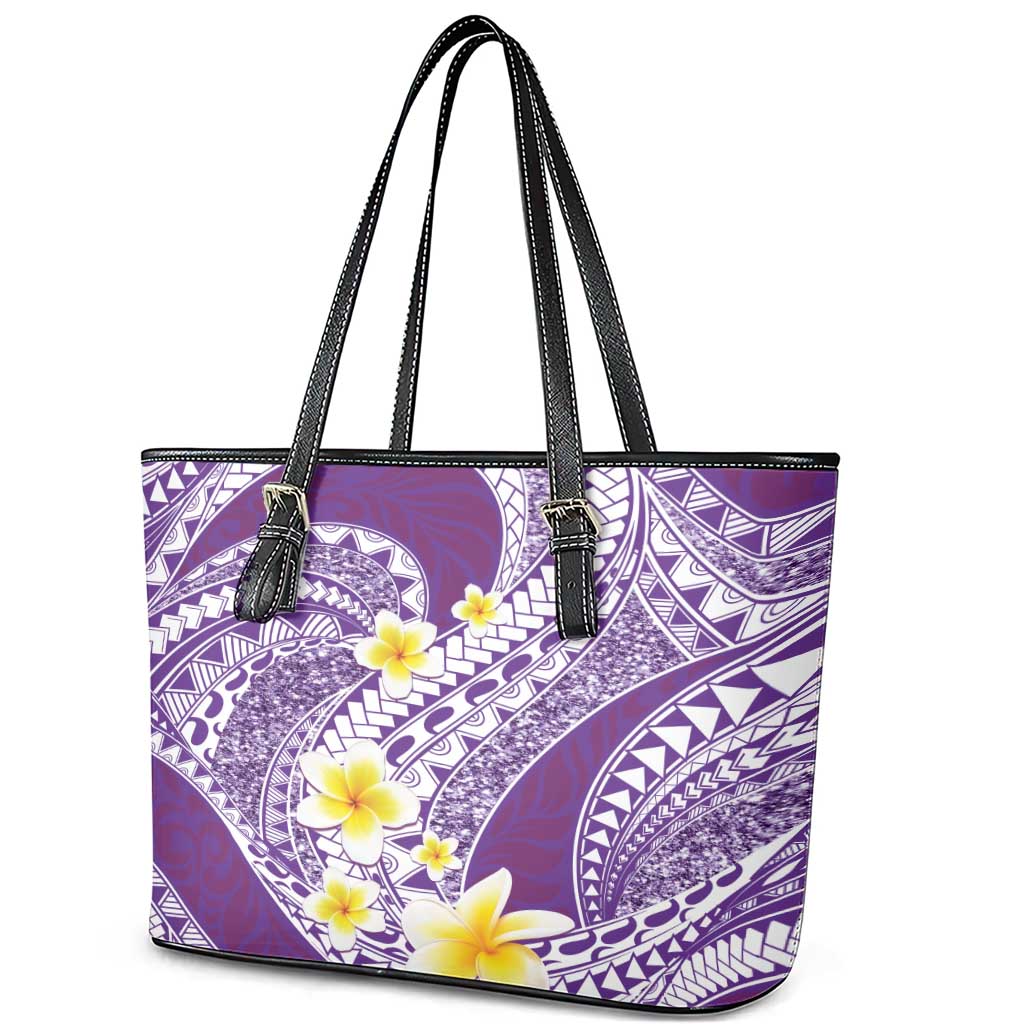 Plumeria Polynesian Purple Glitter Pattern Leather Tote Bag LT01 - Polynesian Pride