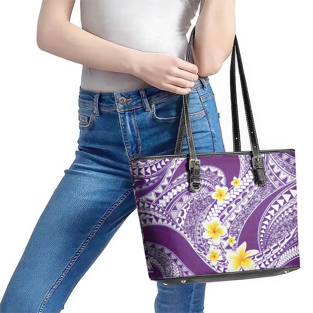 Plumeria Polynesian Purple Glitter Pattern Leather Tote Bag LT01 - Polynesian Pride